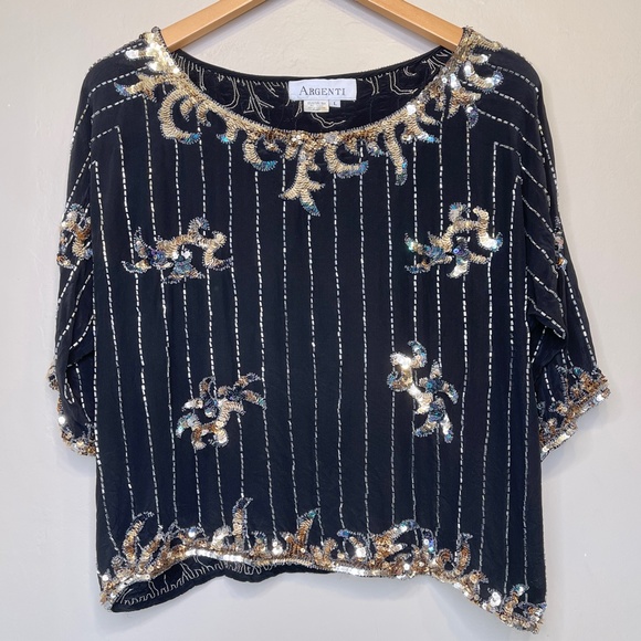 Argenti VTG Embellished Sequin Beaded Glam Dolman Sleeve Asymmetrical Hem Blouse - Picture 3 of 15